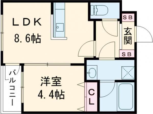 GLANZ 六ツ門(1LDK/1階)の間取り写真