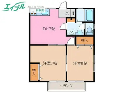 ブレッシングビューティー B棟(2DK/1階)の間取り写真