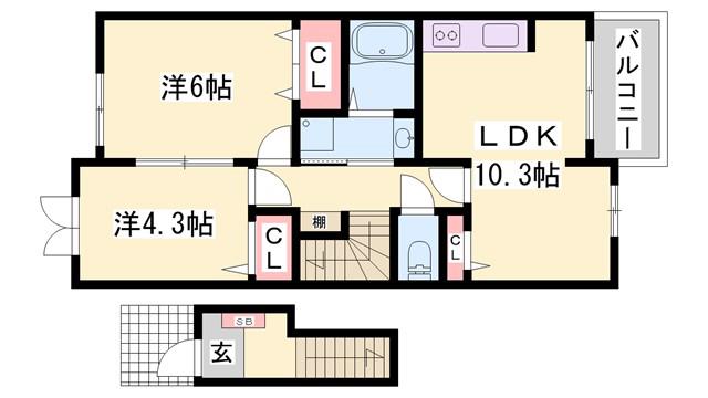 エスペランサ香寺(2LDK/2階)の間取り写真