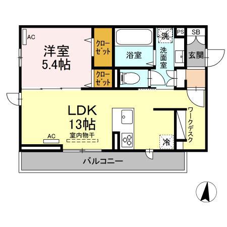 ヴィラ胡蝶(1LDK/2階)の間取り写真