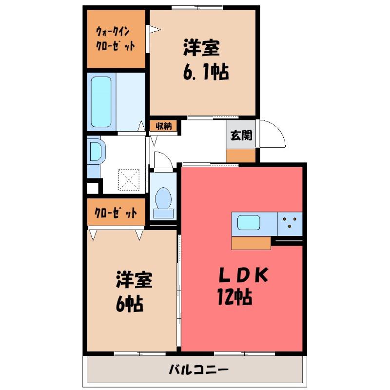 東武伊勢崎線 野州山辺駅 徒歩10分 3階建 築12年(2LDK/2階)の間取り写真