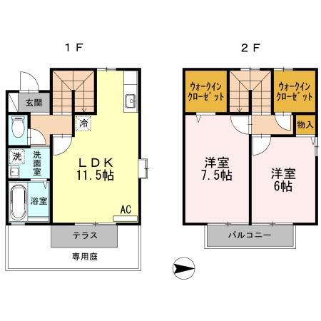 ヴィルヌーブ B棟(2LDK/1階)の間取り写真