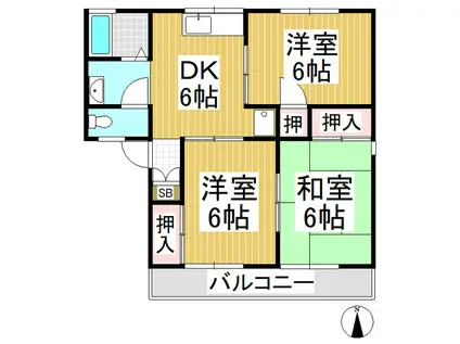 グリーンタウン三輪A棟(3DK/2階)の間取り写真