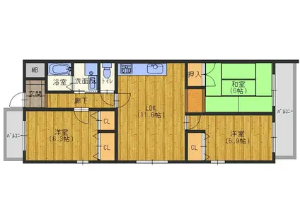 ヴィルヌーブ(3LDK/2階)の間取り写真