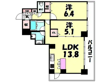 カスタリアタワー長堀橋(2LDK/4階)の間取り写真