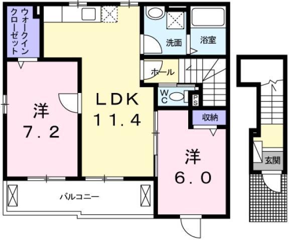 レヴェランスB(2LDK/2階)の間取り写真