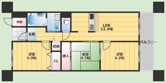 アルデール緑地(3LDK/3階)の間取り写真
