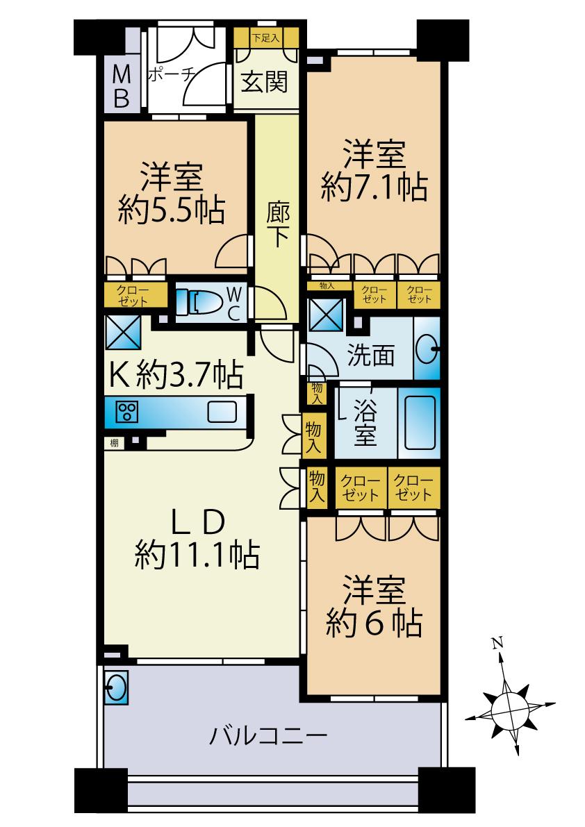 ジークレフ三鷹(3LDK/5階)の間取り写真