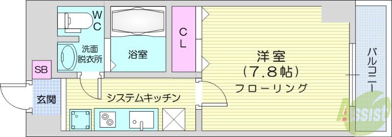 IN-TOWNER木町(1K/4階)の間取り写真