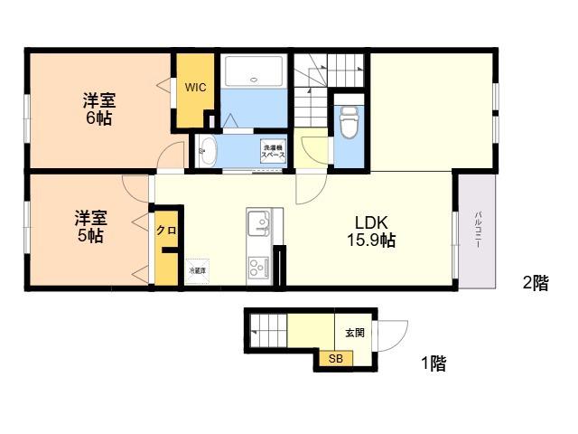 ヴィラユニゾン(2LDK/2階)の間取り写真