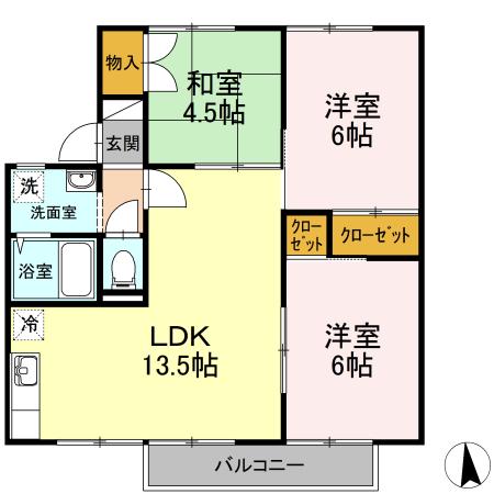 雨あがりの虹B棟(3LDK/1階)の間取り写真