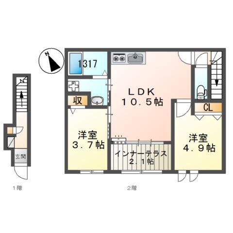 コントレイル糸引(2LDK/2階)の間取り写真