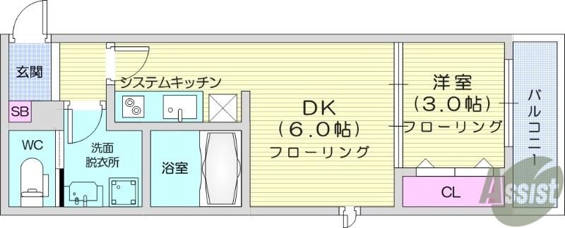 プログレス河原町(1DK/1階)の間取り写真
