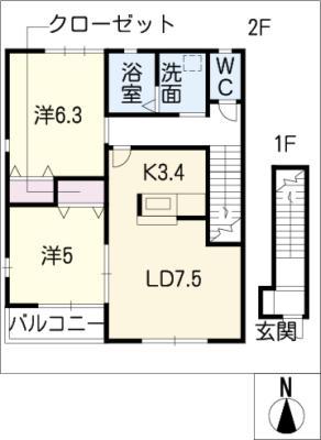ヒルズM(2LDK/2階)の間取り写真
