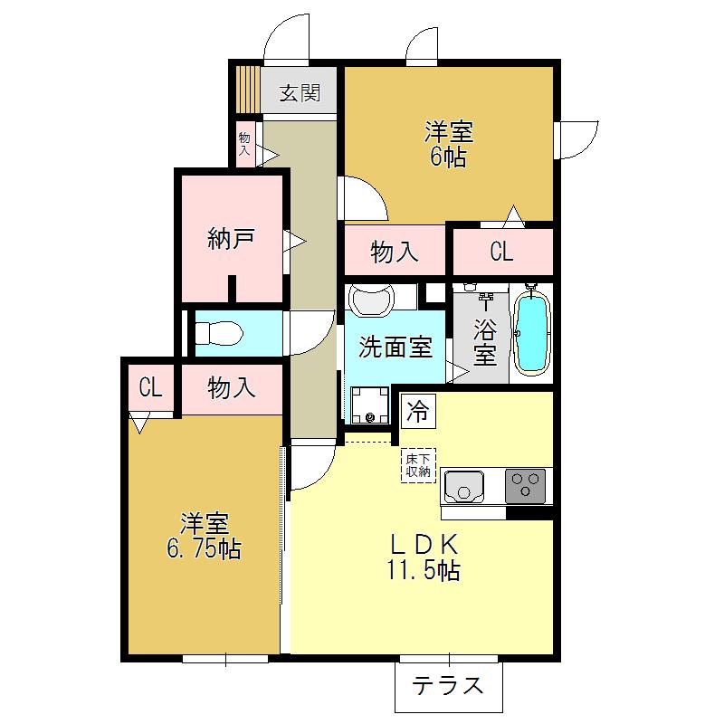 ヴィルヌーブ B棟(2LDK/1階)の間取り写真
