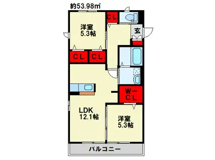 リアンサンク B棟(2LDK/1階)の間取り写真