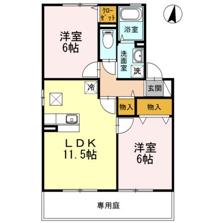 ベルデュールA棟(2LDK/1階)の間取り写真