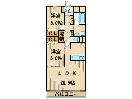 ジャルダングランデ小平(2LDK/3階)の間取り写真