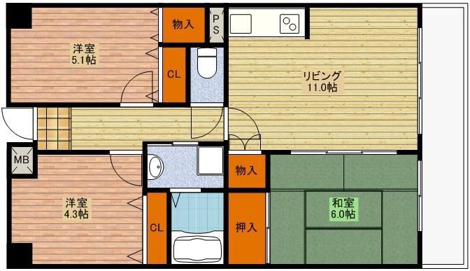 CH158RESIDENCE NAKANOSHIMA(3LDK/5階)の間取り写真