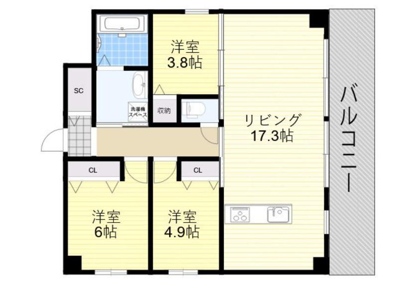 PARKHILLS安堂寺町(3LDK/3階)の間取り写真