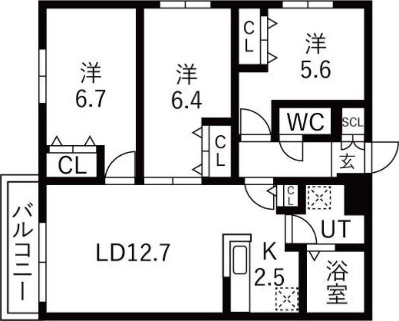 ZABO HILLS 旭山公園通(3LDK/2階)の間取り写真
