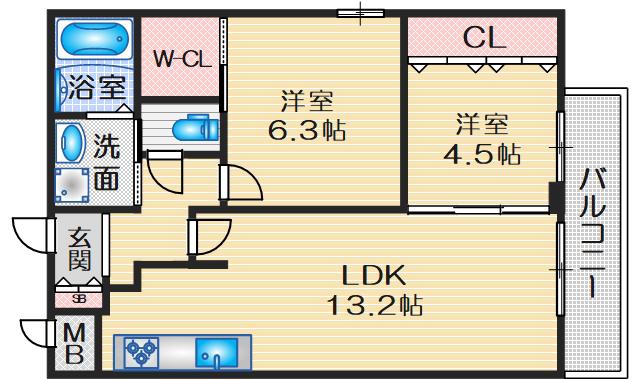 アヴェニール千里山松が丘(2LDK/1階)の間取り写真