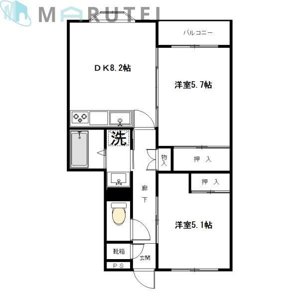 ベルウッドコート(2DK/2階)の間取り写真