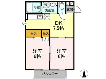 ソレアード定西(2DK/2階)の間取り写真