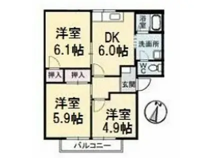 オーキッド倉敷II C棟(3DK/1階)の間取り写真