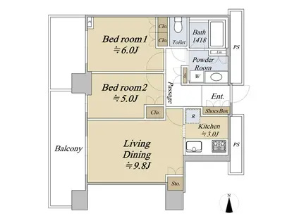 レジデンス梅田ローレルタワー(2LDK/13階)の間取り写真