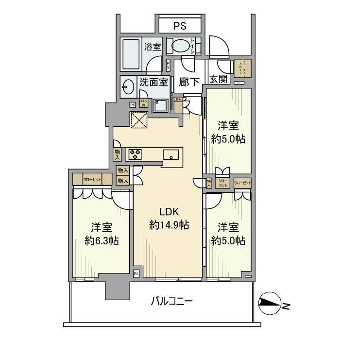 プラウドタワー川口クロス(3LDK/26階)の間取り写真