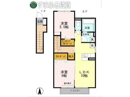 カーミー・芳川 B棟(2LDK/2階)の間取り写真