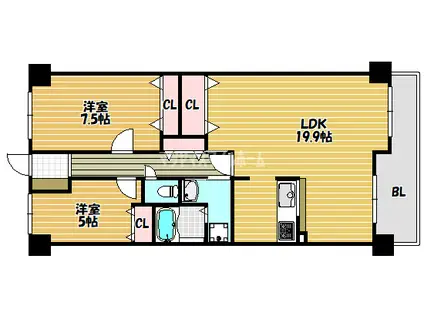 オーク新石切(2LDK/3階)の間取り写真
