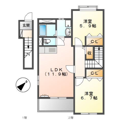 ヴィラサンライトI(2LDK/2階)の間取り写真