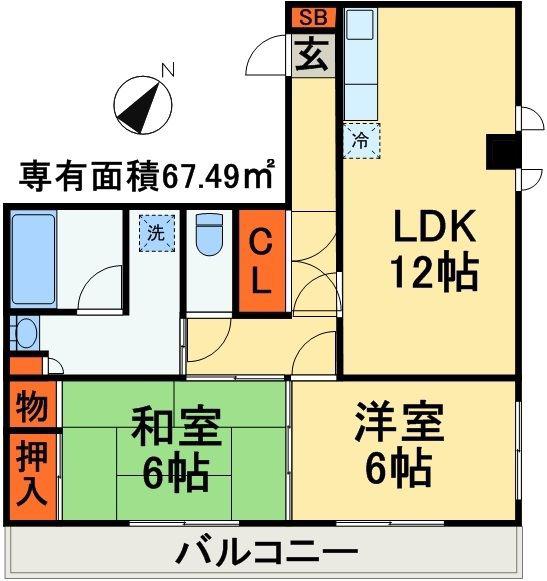 フラワーヒル稲毛(2LDK/6階)の間取り写真