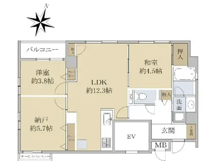 ロイヤル甲東園(2LDK/3階)の間取り写真