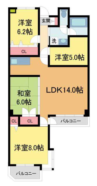 シュロス五月山III(3LDK/5階)の間取り写真