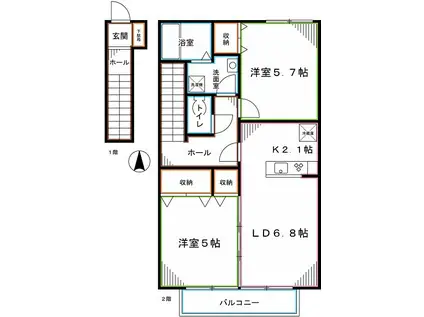 くぬぎハイツ(2DK/2階)の間取り写真