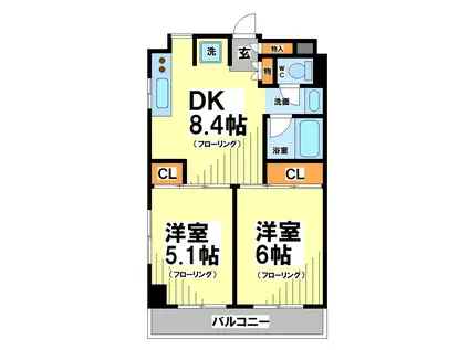 京王線 千歳烏山駅 徒歩10分 5階建 築21年(2DK/4階)の間取り写真