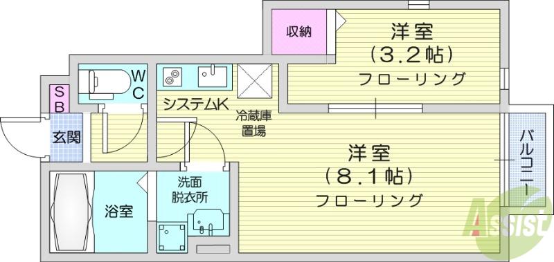 THE ROOM 南仙台駅B棟(1LDK/1階)の間取り写真