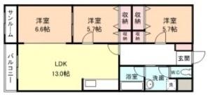 富山地鉄富山港線 粟島駅 徒歩18分 3階建 築25年(3LDK/3階)の間取り写真