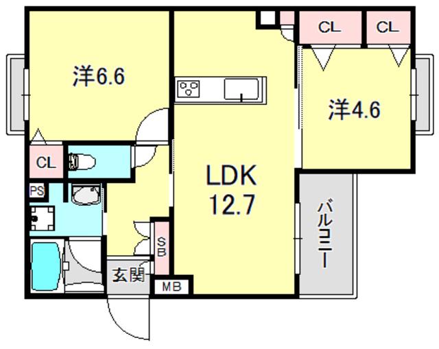 ADORABLE 摂津本山(2LDK/3階)の間取り写真