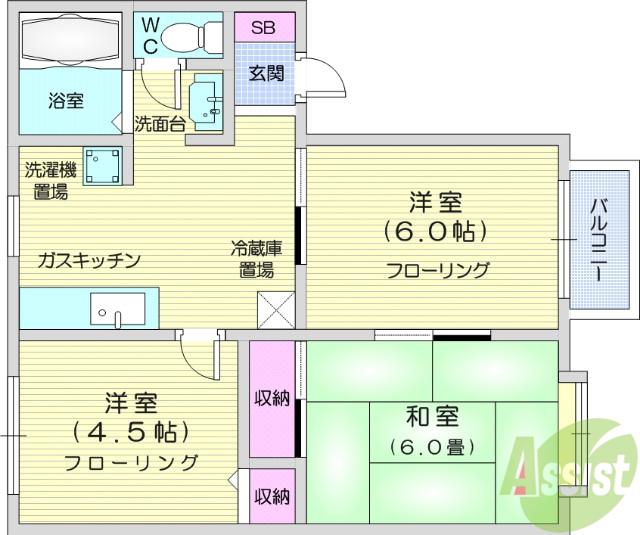 ハートタウンKATO B棟(3DK/1階)の間取り写真