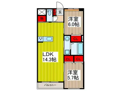 SUNSHINE RESIDENCE(2LDK/3階)の間取り写真