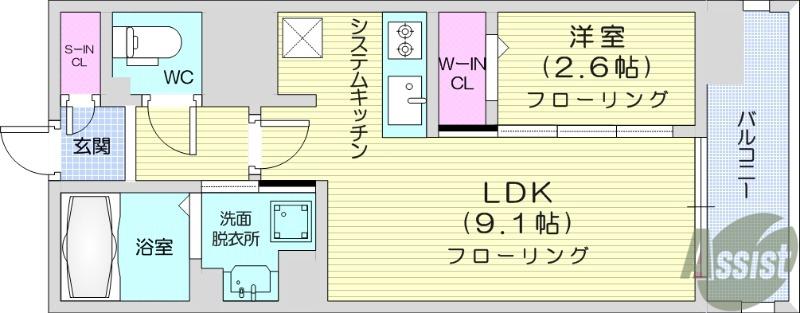 シーズンフラッツ仙台鉄砲町(1LDK/7階)の間取り写真