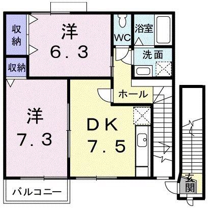 プリムヴェール(2DK/2階)の間取り写真