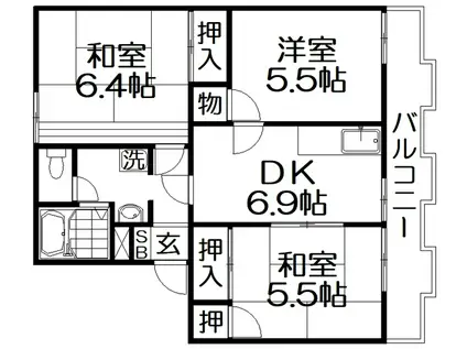タウニ―モイスンA棟(3DK/2階)の間取り写真