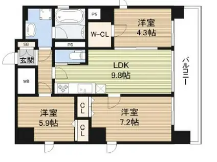 OSAKA CASTEL SHIRAHAMA PREMIER(2SLDK/9階)の間取り写真