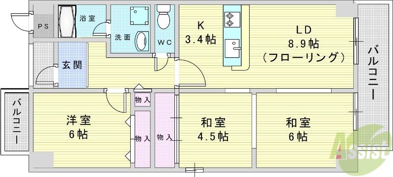 アルデール緑地(3LDK/3階)の間取り写真