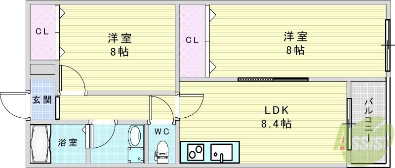 クレセル利倉東I(2LDK/2階)の間取り写真